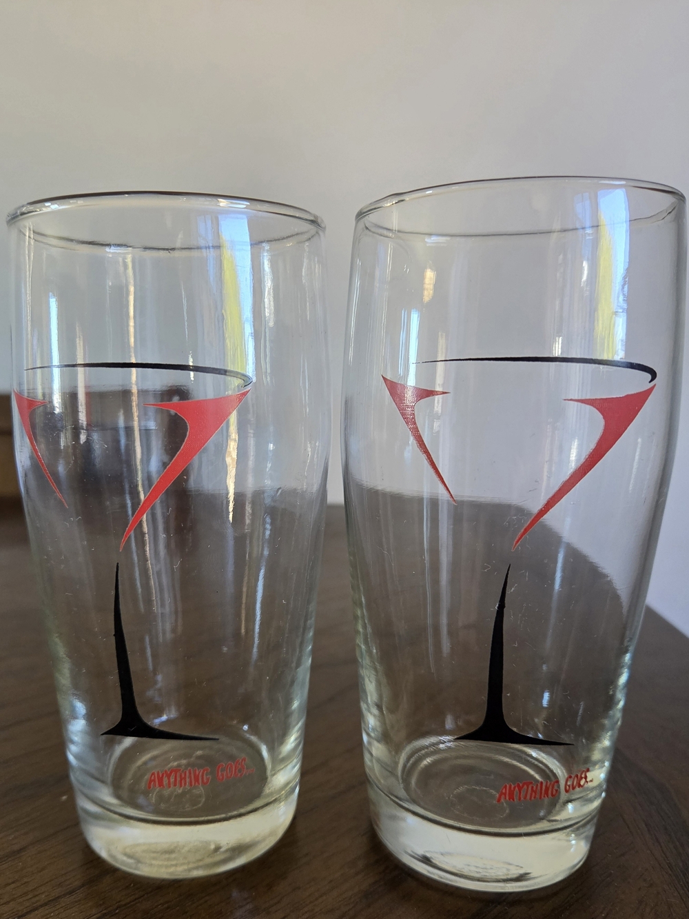 Anything GOES Glass 6" Tall Tumblers with Red & Black Accent Design.